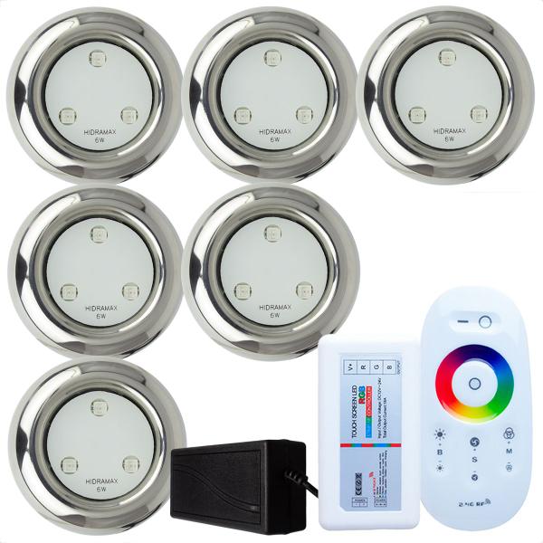 Imagem de Kit 6 Refletores Led 6w RGB Inox S e Comando para Iluminação Piscina