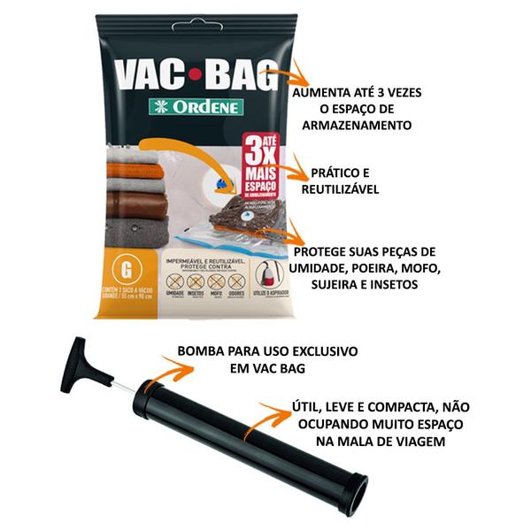 Imagem de Kit 6 Saco A Vacuo Grande 55x90cm Vac Bag Mala+ Bomba Ordene