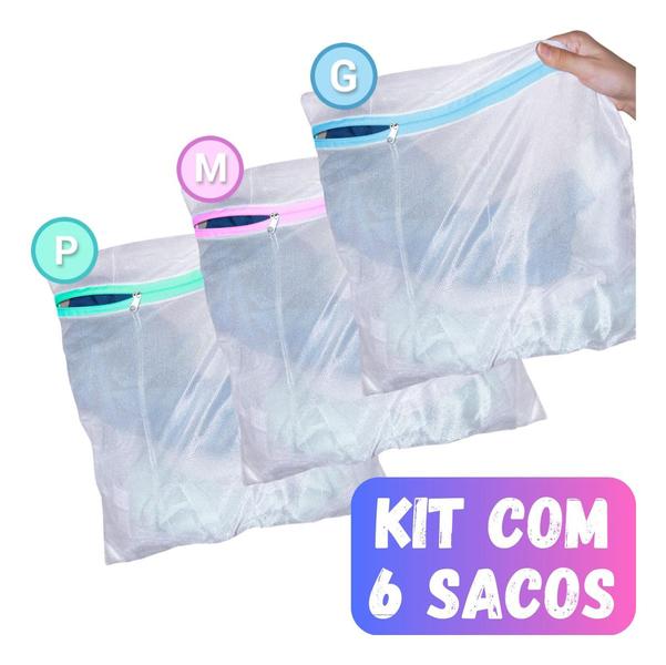 Imagem de Kit 6 Saco Lavar Roupa Delicada Intima Saquinho 2 Menor + 2 Médio + 2 Grande