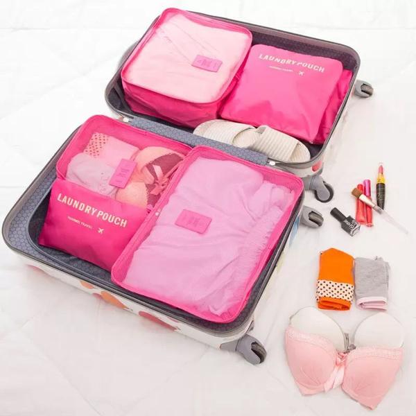 Imagem de Kit 6 Sacos Bolsas Organizador Mala Roupas Bagagem Viagem Rosa