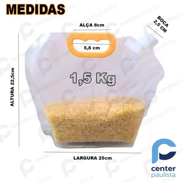 Imagem de Kit 6 Sacos Pote de 1,5kg com Tampa de Rosca e Alça de Transporte Porta Cereais Alimentos Mantimentos Grãos Whey Ração E Líquidos