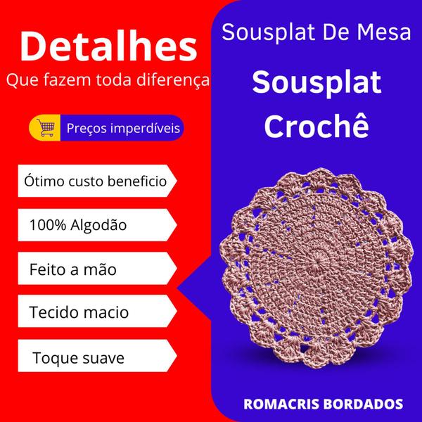 Imagem de Kit 6 Sousplat Crochê Redondo Barbante Para Mesa De Jantar Rose