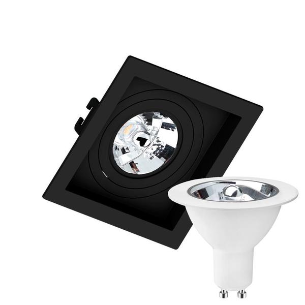 Imagem de Kit 6 Spot Embutir Quadrado Recuado AR70 Preto + Lâmpada Led 4,8w 2700k