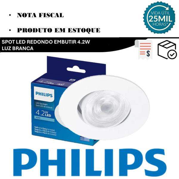 Imagem de Kit 6 Spot Led Philips Redondo Embutir 4.2w Luz Branca 6500K