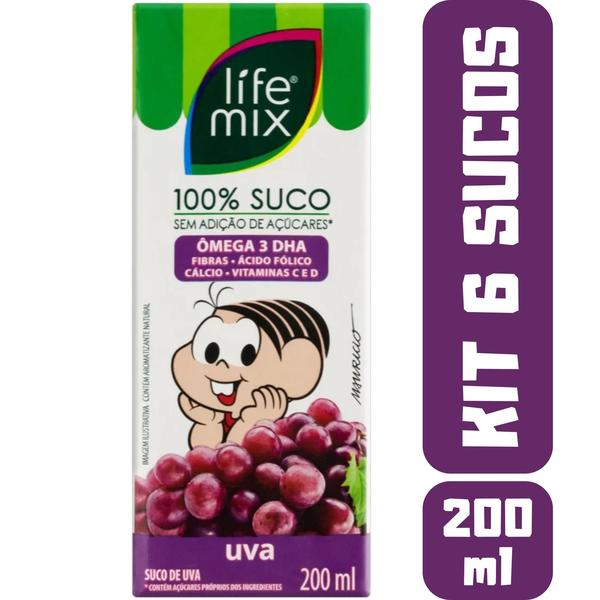 Imagem de Kit 6 Sucos Life Mix Kids 200ml Turma Da Mônica Sabor Uva 