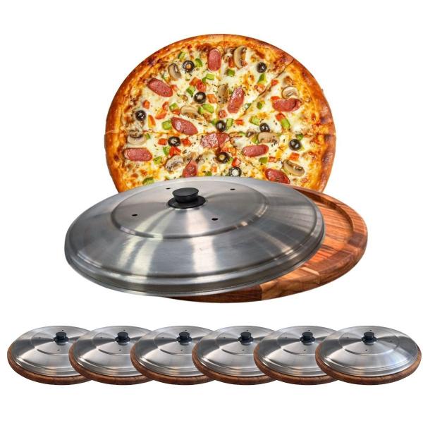 Imagem de Kit 6 Suportes Bandeja Para Cortar E Servir Pizza 35Cm Com Tampas