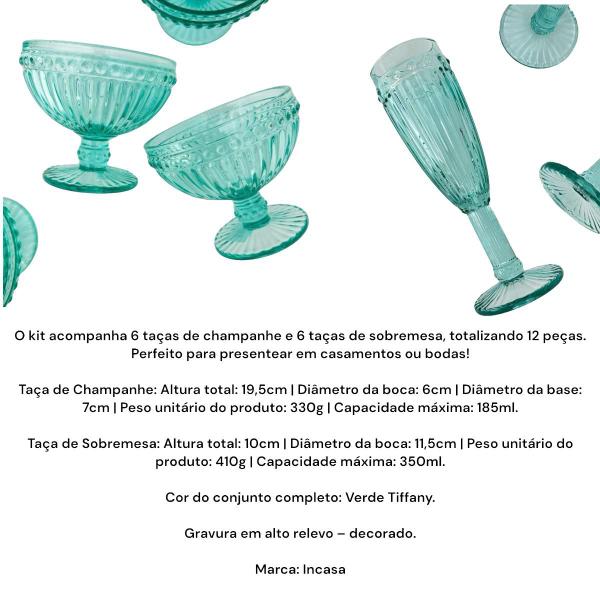 Imagem de Kit 6 Taças Champanhe e 6 Sobremesa Decoradas Verde Tiffany