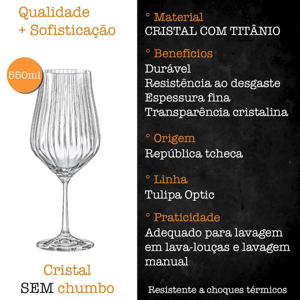 Imagem de Kit 6 Taças Vinho Cristal Titânio Bohemia Tulipa Optic 550ml