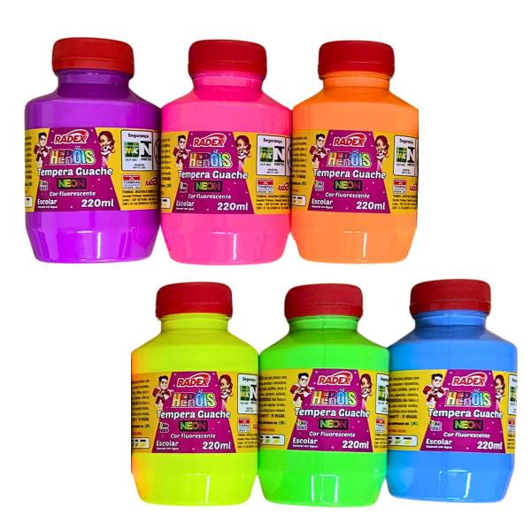 Imagem de Kit 6 Tempera Guache Neon 220 ml Potão Radex 1 Cor de Cada