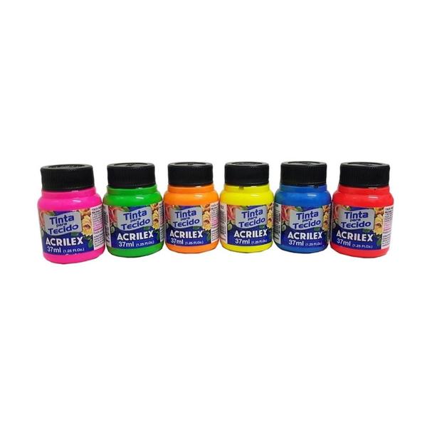 Imagem de Kit 6 Tinta De Tecido Fluorescente 37ml Acrilex