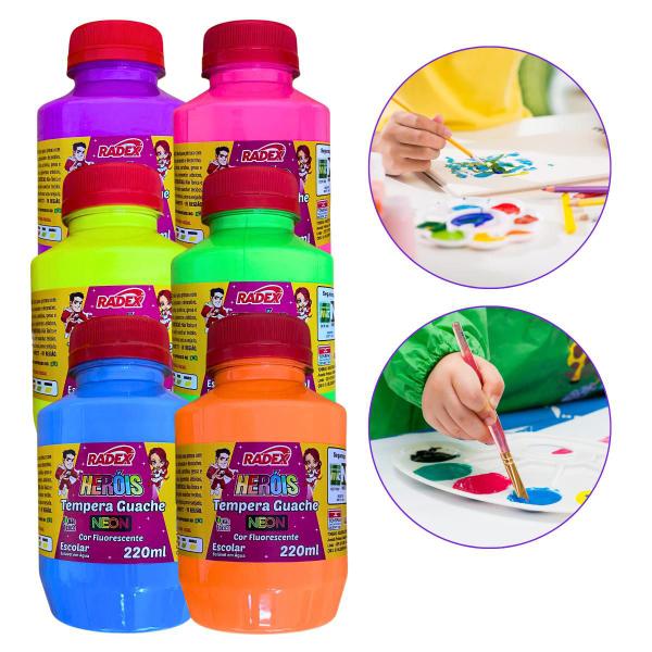 Imagem de Kit 6 Tintas Tempera Guache Colorida Tons Neon 220ml Potão Radex