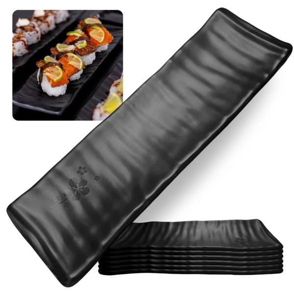 Imagem de Kit 6 Travessas Estriada para Sushi Kanpai Restaurante Comida Japonesa Oriental Melamina Preta  Bestfer 