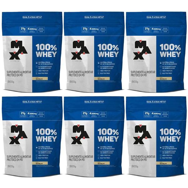 Imagem de Kit 6 unidades 100% Whey Refil 900g Baunilha - Max Titanium