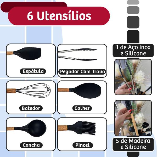 Imagem de Kit 6 Utensilios de Cozinha Silicone Não Risca Panela Preto