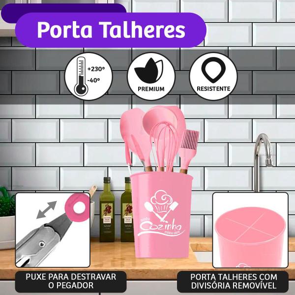 Imagem de Kit 6 Utensilios de Cozinha Silicone Não Risca Panela Rosa