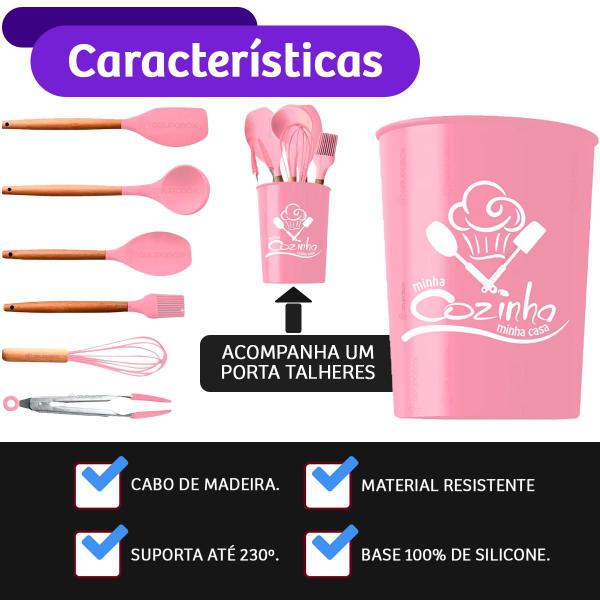 Imagem de Kit 6 Utensilios de Cozinha Silicone Não Risca Panela Rosa