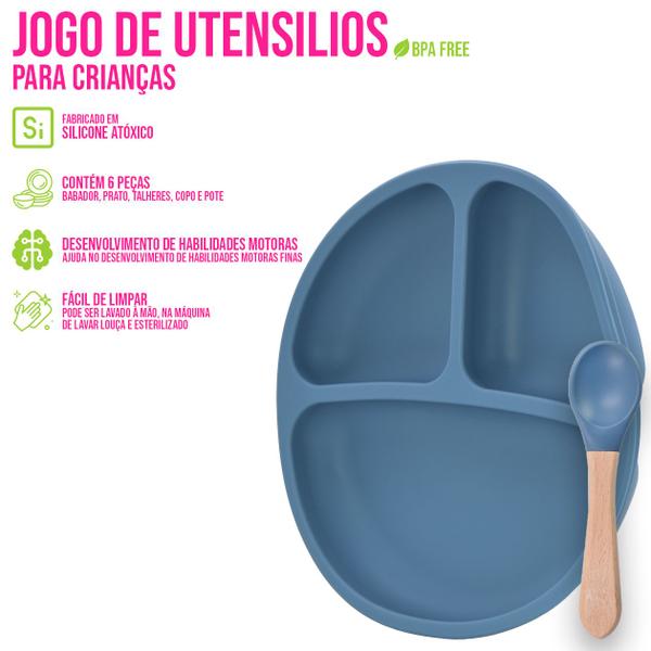 Imagem de Kit 6 Utensílios De Mesa De Silicone Seguros Para Crianças Introdução Alimentar