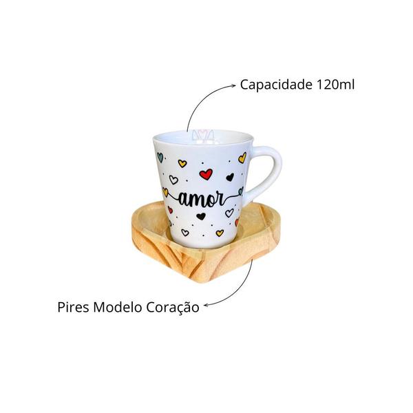 Imagem de Kit 6 Xícaras Amor 120 ml C/ Pires De Madeira Coração