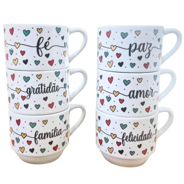 Imagem de Kit 6 Xícaras Café Chá 200ml Porcelana Frases Motivacionais