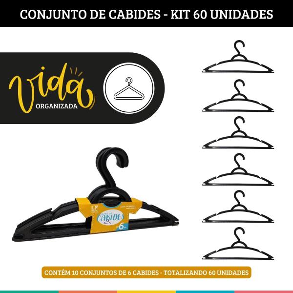 Imagem de Kit 60 Cabides Preto Plástico Closet Organizado LP House