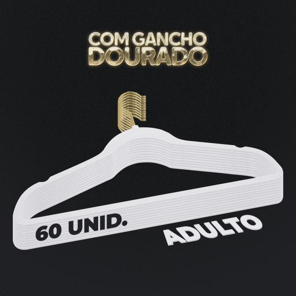 Kit 60 Cabides Veludo Branco Gancho Dourado Antideslizantes - ARBORETHO Imagem de Kit 60 Cabides Veludo Branco Gancho Dourado Antideslizantes
