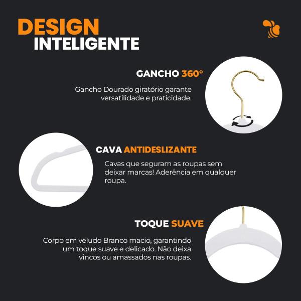 Kit 60 Cabides Veludo Branco Gancho Dourado Antideslizantes - ARBORETHO Imagem de Kit 60 Cabides Veludo Branco Gancho Dourado Antideslizantes