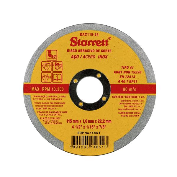 Imagem de Kit 60 Discos Abrasivos Corte Inox 115 16 2223Mm Starrett