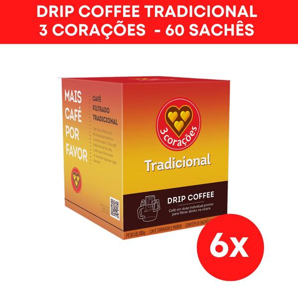 Imagem de Kit 60 Sachês Drip Coffee Café 3 Corações Tradicional 10g