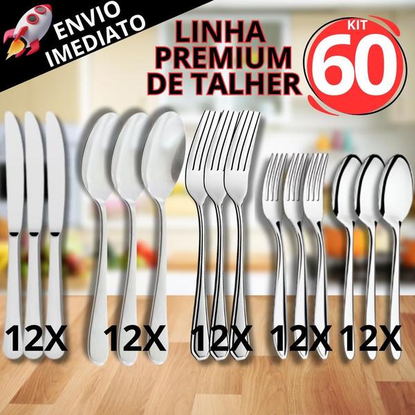 Kit 60 Talheres em Inox Premium 12 Garfo 12 Faca 12 Colher 12 Colher de Sobremesa 12 Garfo... Kit 60 Talheres em Inox Premium 12 Garfo 12 Faca 12 Colher 12 Colher de Sobremesa 12 Garfo...
