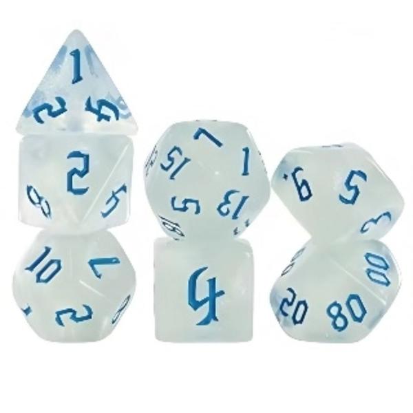 Imagem de Kit 7 dados rpg de mesa papel branco azul translucido d4 d6 d8 d10 d12 d20 d100 d% compativel d&d tormenta