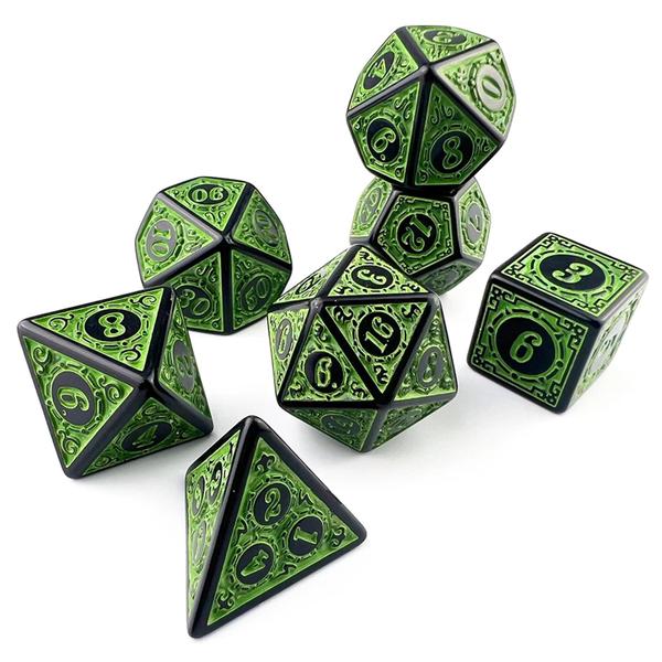 Imagem de Kit 7 Dados Rpg Verde D&d Runas D4 D6 D8 D10 D10% D12 D20