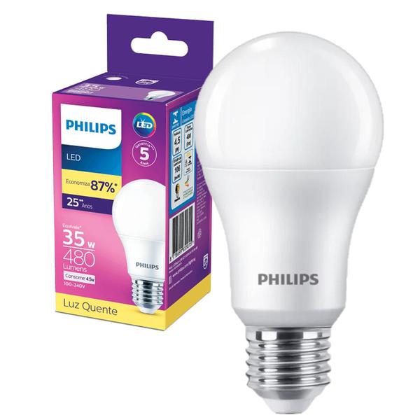 Imagem de Kit 7 Lampada Bulbo Philips 4.5w Luz Quente 3000K Amarela E27