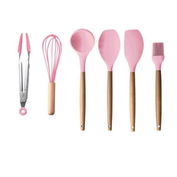 Imagem de Kit 7 Pçs Utensílios de Cozinha Silicone Cabo Madeira Colors (ROSA)