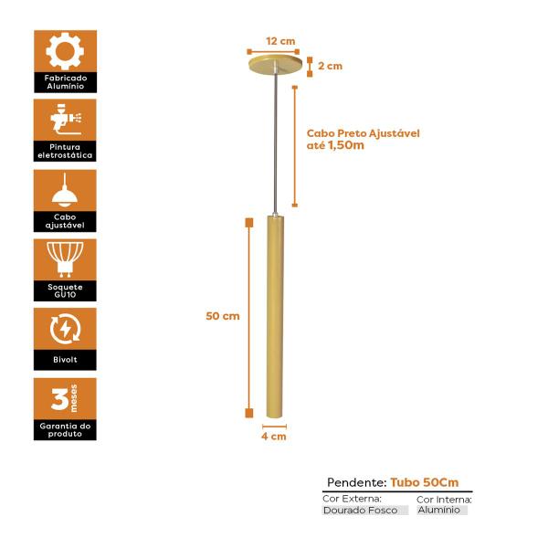 Imagem de Kit 7 Pendente Luminária Tubo Dourado Fosco 50 Cm