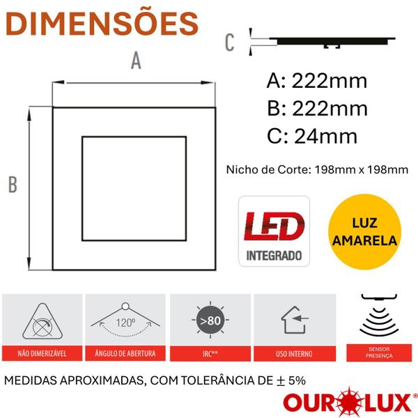 Imagem de Kit 7 Plafon Quadrado Embutir 18w Sensor Presença 2700K Amarela