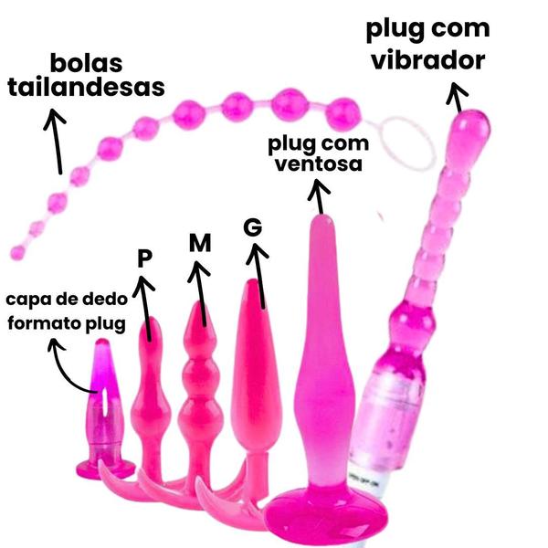 Imagem de Kit 7 Plug Anal com Vibrador Jelly P M G Escalonado Ventosa Grande e Pequeno