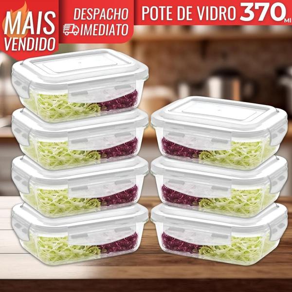 Imagem de Kit 7 Pote de Vidro Hermético Borossilicato 370ml Marmita Fitness Freezer Microondas