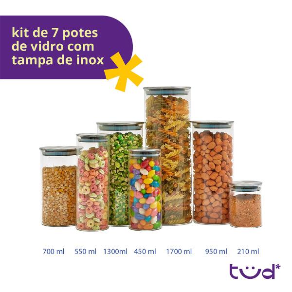 Kit 7 potes de vidro com tampa inox hermético redondo - Tud Imagem de Kit 7 potes de vidro com tampa inox hermético redondo - Tud