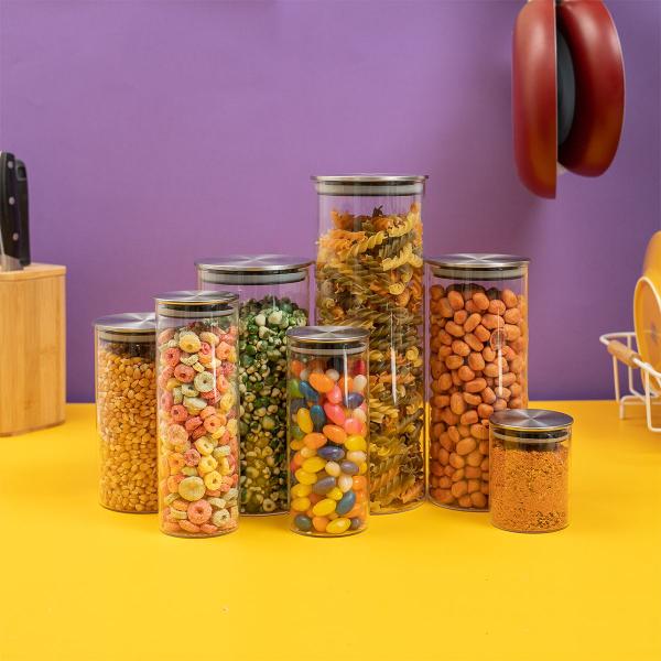 Kit 7 potes de vidro com tampa inox hermético redondo - Tud Imagem de Kit 7 potes de vidro com tampa inox hermético redondo - Tud