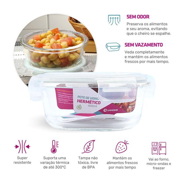 Kit 7 Potes de Vidro Redondo com Tampa Hermética 400ml - NABOX Imagem de Kit 7 Potes de Vidro Redondo com Tampa Hermética 400ml