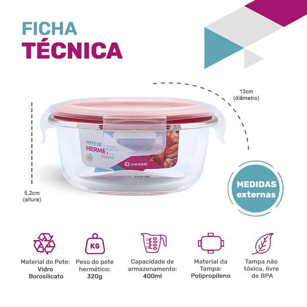 Kit 7 Potes de Vidro Redondo com Tampa Hermética 400ml - NABOX Imagem de Kit 7 Potes de Vidro Redondo com Tampa Hermética 400ml