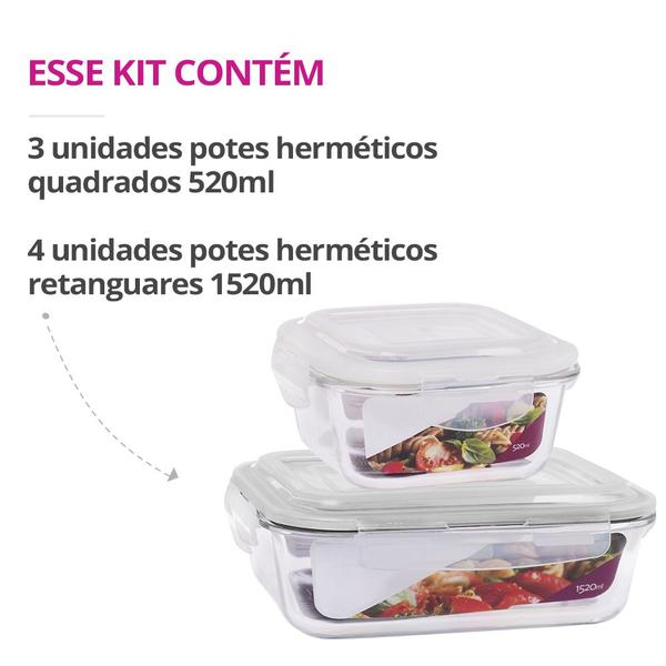 Imagem de Kit 7 Potes Herméticos Marmita Vidro Grande 1520ml e 520ml