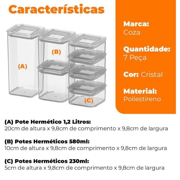 Imagem de Kit 7 Potes Herméticos Porta Mantimento Empilhável Armazenar Alimento Coza Brinox 