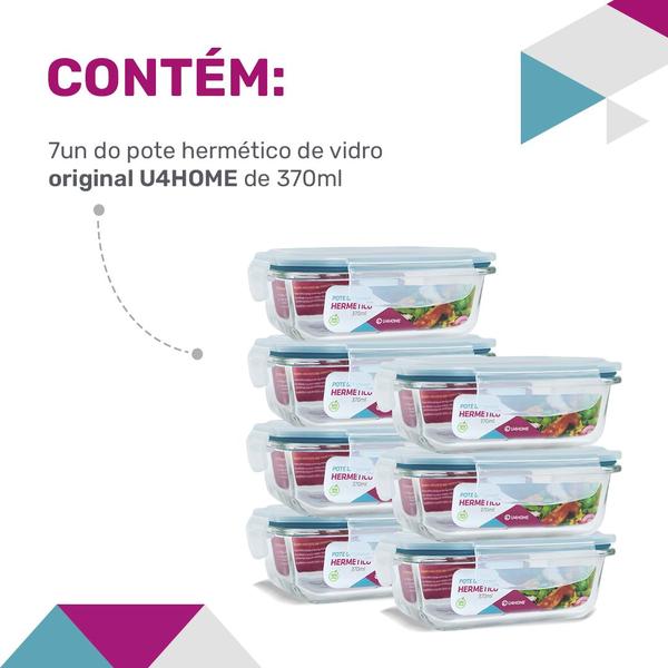 Kit 7 Potes Vidro Hermético Retangular 370ml Papinha Pequeno - U4home Imagem de Kit 7 Potes Vidro Hermético Retangular 370ml Papinha Pequeno