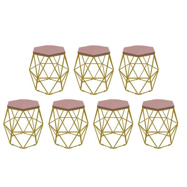 Imagem de Kit 7 Puff Banqueta Luna Decorativo Sala Quarto Ferro Dourado Assento MDF Rosa - Ahazzo Móveis