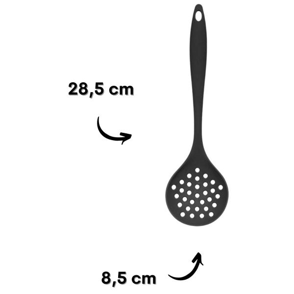 Imagem de Kit 7 Talheres de Silicone Para Cozinha Colher Concha Escumadeira Espátula Vazada Abaulada Reta  Pincel