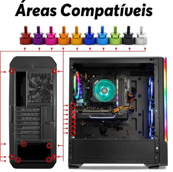 Imagem de Kit 7x Parafuso Gabinete Gamer PC Computador Fonte Slots Placa de Vídeo Lateral em Liga de Alumínio Anodizado