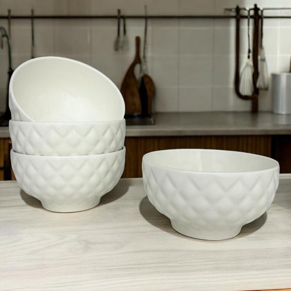 Kit 8 Bowl Tigela Cumbuca Porcelana Matelassê Branco 380 ml - LYOR Imagem de Kit 8 Bowl Tigela Cumbuca Porcelana Matelassê Branco 380 ml