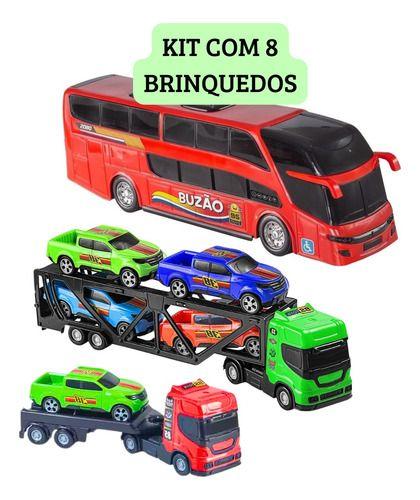 Imagem de Kit 8 Brinquedos Caminhão Cegonha Ônibus Carrinhos Meninos