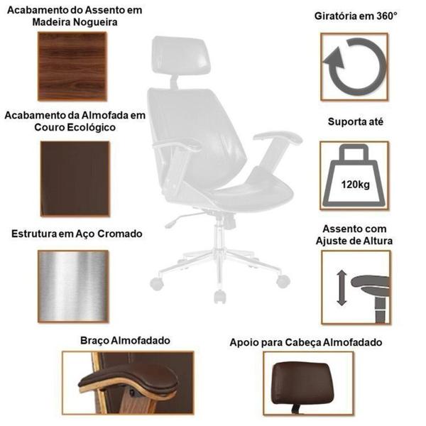 Imagem de Kit 8 Cadeiras de Escritório Presidente Giratória com Apoia Cabeça Office Lisboa Marrom